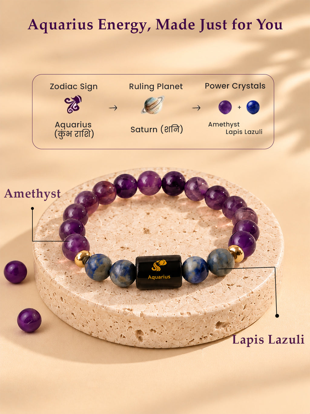 Aquarius (कुंभ राशि) Zodiac Amethyst & Lapis Lazuli Bracelet