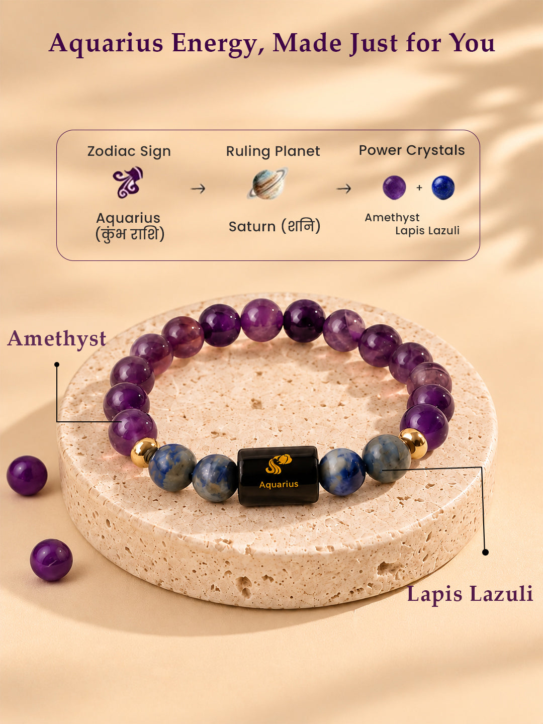 Aquarius (कुंभ राशि) Zodiac Amethyst & Lapis Lazuli Bracelet