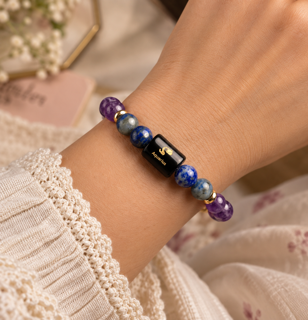 Aquarius (कुंभ राशि) Zodiac Amethyst & Lapis Lazuli Bracelet