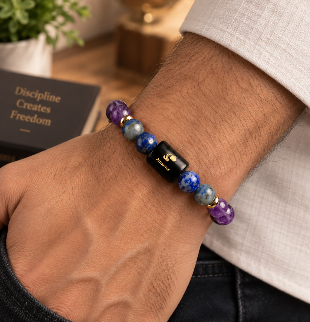 Aquarius (कुंभ राशि) Zodiac Amethyst & Lapis Lazuli Bracelet